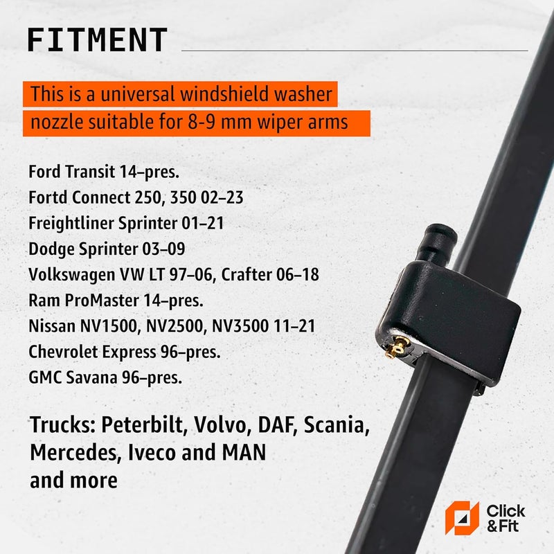 Click&Fit 3-way Windshield Washer Spray Nozzles compatible with Ford Transit VW Crafter Chevy Express Peterbilt Freightliner Ram ProMaster – Universal adjustable Truck wiper sprayers by , 2 pcs - Image 3